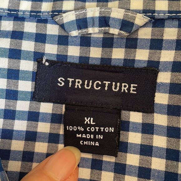 Structure blue, black & white small check cotton long sleeve shirt - Picture 7 of 9